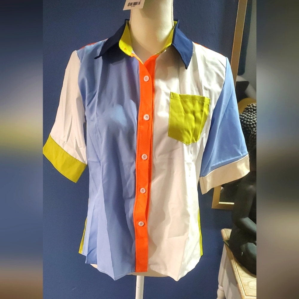 NWOT Color block causal collar blouse